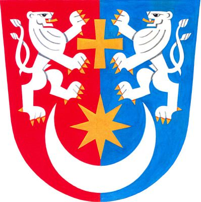 V červeno-modře polceném štítě nad zlatou osmihrotou hvězdou ve stříbrném stoupajícím půlměsíci dva stříbrní dvouocasí lvi se zlatou zbrojí přivrácení ke zlatému řeckému kříži. Znak Pohořelice