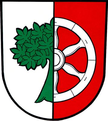 Ve stříbrno-červeně polceném štítě vpravo vyniká půl zeleného listnatého stromu, vlevo vyniká půl stříbrného vozového kola. Znak Pohoří