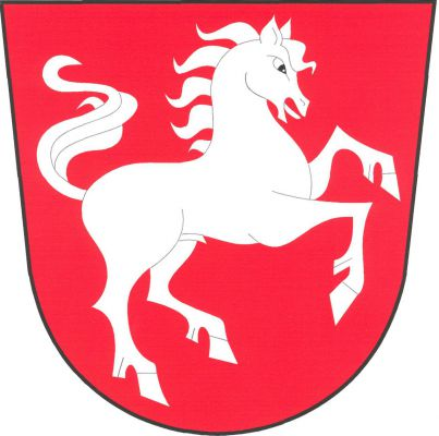 V červeném štítě doleva stříbrný kůň ve skoku. Znak Poleň