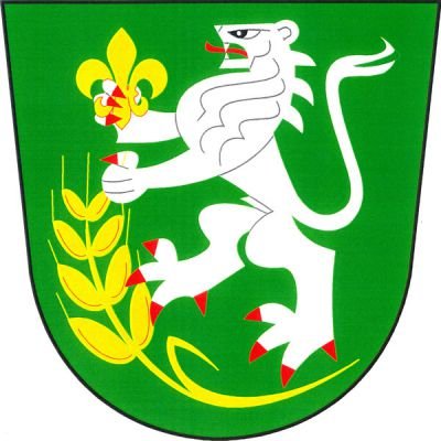 V zeleném štítě stříbrný lev s červenou zbrojí stojící na prohnutém obilném klasu a držící v pravé přední tlapě lilii, obojí zlaté. Znak Polerady