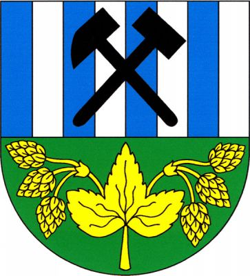 Dělený štít, v horním, sedmkrát modro-stříbrně polceném poli zkřížená černá hornická kladívka, v dolním zeleném poli chmelový list se dvěma větévkami, každá se třemi šišticemi, vše zlaté. Znak Polerady