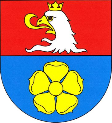 V červeno-modře děleném štítě, nahoře utržená stříbrná korunovaná orlí hlava se zlatou zbrojí. Dole zlatá růže. Znak Polště