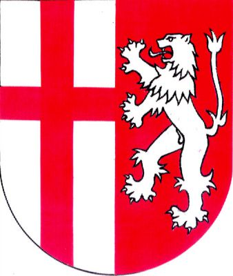 Stříbrno-červeně polcený štít, vpravo červený latinský heroldský kříž, vlevo stříbrný lev. Znak Pomezí
