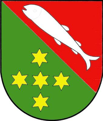 V červeno - zeleně kosmo děleném štítě nahoře kosmá stříbrná ryba, dole pět zlatých hvězd (1, 3, 1). Znak Ponětovice