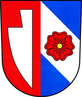 V červeno-modře polceném štítě vpravo stříbrná radlice, vlevo stříbrné kosmé břevno s červenou růží se zlatým semeníkem. Znak Popovice