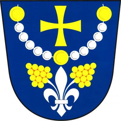 V modrém štítě nahoře zlatý tlapatý kříž do oblouku dolů provázený šňůrou z korálů, třech větších zlatých, po jednom na koncích a dole uprostřed, ostatních stříbrných. Dole stříbrná lilie, z níž vzhůru do stran mezi listy vyrůstají dva zlaté vinné hrozny na stříbrných stopkách. Znak Popovice