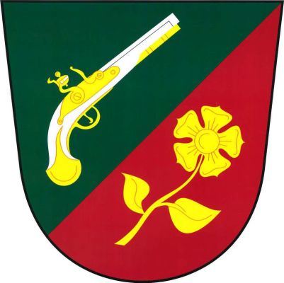 V zeleno-červeně šikmo děleném štítě nahoře šikmo doleva obrácená stříbrná křesadlová pistole se zlatým kováním, dole šikmo růže na stonku se dvěma listy, vše zlaté. Znak Popůvky