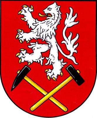 V červeném štítě nad zkříženými černými hornickými kladívky se zlatými topůrky stříbrný lev. Znak Potůčky