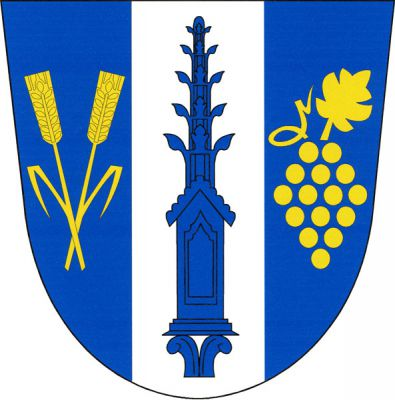 V modrém štítě stříbrný kůl s modrou gotickou fiálou, provázený vpravo dvěma zkříženými obilnými klasy s jedním listem, vlevo vinným hroznem s jedním listem, obojí zlaté. Znak Práče