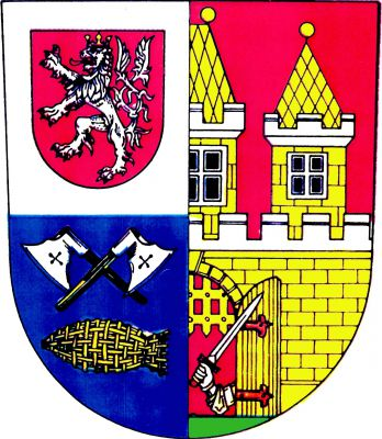 Štít dopola dělený, pak rozpoltěný. Vpravo v hořejším stříbrném poli je červený štítek se stříbrným dvouocasým lvem se zlatou korunou a zlatými drápy a s vyplazeným jazykem červeným. Dolní pravé pole je modré a má zlatou vrš otvorem nalevo položenou, nad níž jsou dvě zkřížené stříbrné širočiny na zlatých topůrcích. Levá, červená polovice štítu je prostoupena zlatou, stříbrné cimbuří o čtyřech a půl stínkách nesoucí zdi z tesaných kamenů, která z přirozeného trávníku vystupuje. Zeď sama je prolomena klenutou branou se zlatým, do polovice spuštěným hřebenem a s otevřeným dopředu levým křídlem, a to tak, že dělící čára štítu rozpolťuje pravou, trochu zvýšenou věž a otvor brány. Z brány vyniká obrněná zahnutá pravice, která v prosté pěsti drží nahý meč na zlaté rukojeti, jím vzhůru a před sebou máchajíc. Na okraji hlavy štítu spočívá stříbrná zděná koruna s pěti výběžky. Znak Praha 10