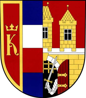 Polcený štít. Pravé pole polceno, vpravo v červeném zlatě lemovaném poli majuskulní písmeno K převýšené korunou, obojí zlaté, levé pole třikrát modro-stříbrno-červeno-modře děleno. V levém poli půl malého Znaku hlavního města Prahy. Znak Praha 8