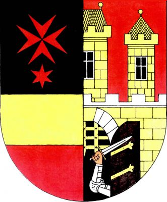 Štít polcený, pravé pole dále děleno a v jeho horním černém poli je červený osmihrotý kříž, pod ním červená šetihrotá hvězda. Dolní pole zlato-červeně děleno. V levém červeném poli je zlatá kvádrovaná zeď se stříbrným cimbuřím o čtyřech viditelných, z toho dvou celých stínkách. Zeď je prolomena polovinou otevřené brány, která vyniká z poltící linie. Klenba brány je stříbrná se zlatým hlavním klenákem, křídlo vrat je přirozené barvy a má dva zlaté závěsy, vnitřek brány je černý. Z brány vyniká stříbrně obrněná ruka přirozených barev, která drží stříbrný meč se stříbrným jílcem a zlatou záštitou. Z poltící linie vyniká za zdí polovina zlaté kvádrované věže se zlatou valbovou střechou, zlatou makovicí na levém kraji střechy a s cimbuřím o dvou viditelnách stínkách. Věž je prolomena trojdílným černým oknem se stříbrným rámem, z něhož je viditelná pouze levá polovina. Vlevo od věže je menší zlatá kvádrovaná vež s cimbuřím o třech stínkách, se stanovou střechou a se zlatou makovicí. Zeď je prolomena dvojdílným černým oknem se stříbrným rámem. Znak Praha-Dolní Měcholupy