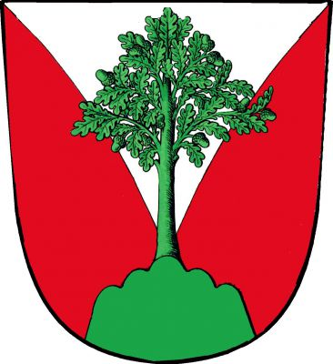 Červený štít se stříbrným klínem, v patě štítu zelený pahorek, z něhož vyrůstá dub se žaludy, celý zelené barvy. Znak Praha-Dubeč