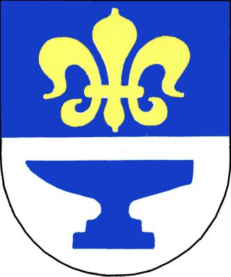 Modro-stříbrně dělený štít, nahoře zlatá lilie, dole modrá kovadlina. Znak Praha-Nebušice