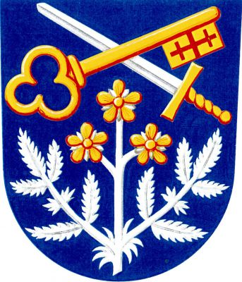 V modrém štítě stříbrný řepík se třemi zlatými květy a dvěma listy, nad ním kosmo vztyčený stříbrný meč se zlatým jílcem šikmo přeložený zlatým klíčem zuby dolů. Znak Praha-Řeporyje