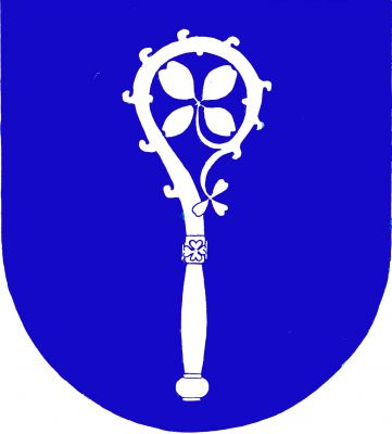 V modrém štítě horní polovina stříbrné berly. Znak Praha-Šeberov