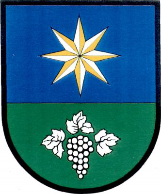 V modro-zeleně děleném štítě nahoře hvězda s osmi bílo-žlutě dělenými hroty, dole vinný hrozen se třemi listy, vše stříbrné. Znak Praha-Troja