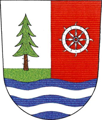 Stříbrno-červeně polcený štít s modrou vlnitou patou se dvěma stříbrnými vlnitými břevny. V pravém poli smrk přirozené barvy na zeleném trávníku, v levém poli stříbrné nožové kolo sv. Kateřiny. Znak Praha-Újezd