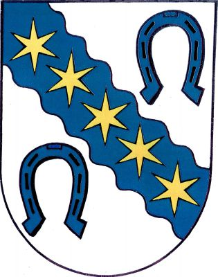 Ve stříbrném štítě kosmé modré vlnité břevno s pěti zlatými hvězdami, provázené dvěma modrými podkovami. Znak Praha-Velká Chuchle