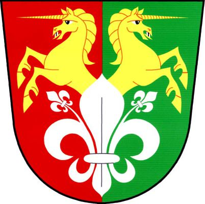 V červeno-zeleně polceném štítě stříbrná lilie kvetoucí dvěma odkloněnými liliemi na stoncích, ze středního listu vyskakují dva odvrácení zlatí jednorožci. Znak Prasklice