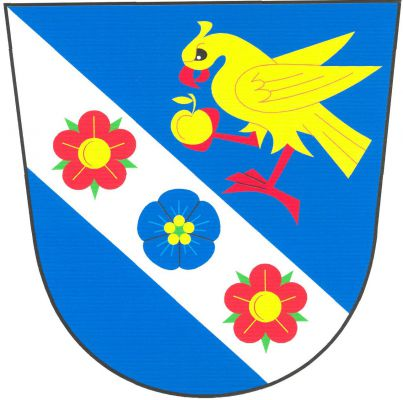 V modrém štítě snížené kosmé stříbrné břevno s modrým květem lnu mezi dvěma červenými růžemi se zlatými semeníky a zelenými kališními lístky. Nad břevnem zlatý papoušek s červenou zbrojí držící v pravém pařátu zlaté jablko se stopkou a jedním listem. Znak Přehořov