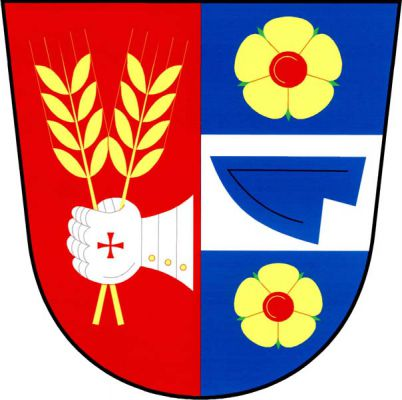 V červeno-modře polceném štítě vpravo položená stříbrná levá rukavice - plechovice s červeným křížkem držící dva zlaté obilné klasy, vlevo stříbrné břevno s modrou položenou radlicí, provázené dvěma zlatými růžemi s červenými semeníky a zelenými kališními lístky. Znak Přeskače