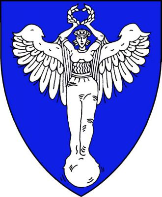 V modrém štítě stříbrná socha bohyně Niké. Znak Přestanov