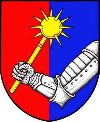 V červeno-modře polceném štítě vyniká z levého okraje stříbrná obrněná, v lokti ohnutá paže držící zlatý řemdich. Znak Přestavlky