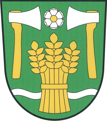 V zeleném štítě mezi dvěma vztyčenými přivrácenými stříbrnými sekerami na zlatých topůrkách stříbrná šestilistá růže se zlatým semeníkem nad zlatým obilným snopem dole podloženým stříbrným zúženým vlnitým břevnem. Znak Příseka