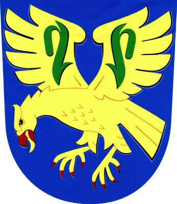 V modrém štítě zlatý útočící dravý pták s červenou zbrojí se dvěma zelenými stvoly prosa na rozevřených křídlech. Znak Prosenice