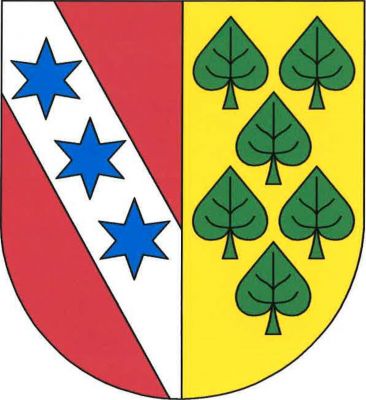 V červeno-zlatě polceném štítě vpravo stříbrné kosmé břevno se třemi modrými hvězdami, vlevo šest (2, 1, 2, 1) vztyčených zelených lipových listů. Znak Prosenická Lhota