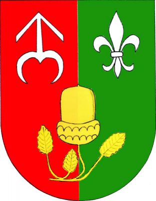 V červeno-zeleně polceném štítě zlatý vztyčený žalud na větvi se třemi malými listy, nahoře provázený zavinutou střelou a lilií, obojí stříbrné. Znak Prostějovičky
