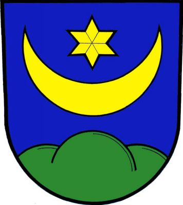 V modrém štítě nad zeleným trojvrším stoupající půlměsíc pod hvězdou, vše zlaté. Znak Pržno