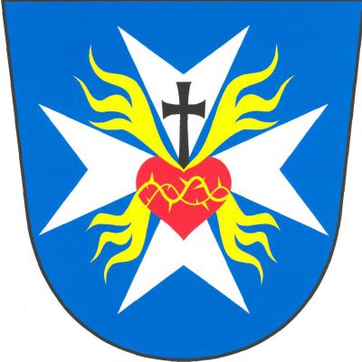 V modrém štítě stříbrný maltézský kříž přeložený červeným srdcem. Srdce je ovinuto zlatou trnovou korunou, hoří čtyřmi zlatými plameny mezi rameny kříže a vyrůstá z něj černý latinský kříž. Znak Pšov