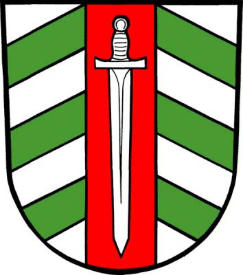 Stříbrný štít se třemi zelenými krokvemi přeložený červeným kůlem, v němž je stříbrný meč hrotem dolů. Znak Pustá Polom