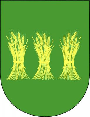 V zeleném štítě tři zlaté obilné snopy postavené vedle sebe. Znak Pustějov