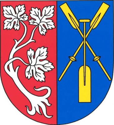 V červeno-modře polceném štítě vpravo stříbrná větev vinné révy se třemi (2, 1) listy, vlevo dvě zkřížená vztyčená vesla, přeložená pádlem, vše zlaté. Znak Račice