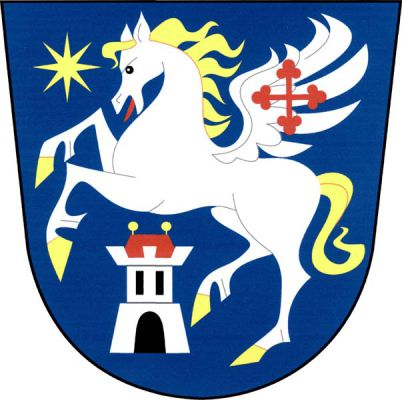 V modrém štítě stříbrný Pegas se zlatou zbrojí, hřívou, ocasem a červeným jazykem ve skoku nad stříbrnou věží s cimbuřím, s černými vraty a dvěma okny, červenou valbovou střechou se zlatými makovicemi. Pegas má přes křídlo červený jetelový kříž a vpravo nahoře je provázen zlatou osmihrotou hvězdou. Znak Radešín
