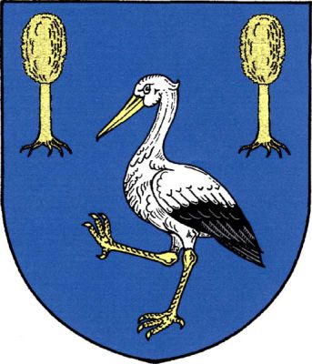 V modrém štítě stříbrný vykračující čáp se zlatou zbrojí provázený nahoře dvěma zlatými vykořeněnými topoly. Znak Radešínská Svratka