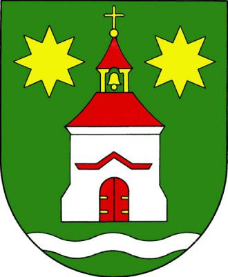 V zeleném štítě stříbrná věž kostela s červenými zavřenými vraty na zlatých závěsech, červenou římsou a červenou střechou, z níž vyniká zlatá zvonička se zlatým zvonem a červenou střechou zakončenou zlatou makovicí a křížem. Zvonička je provázena dvěma zlatými osmihrotými hvězdami, v patě štítu stříbrné vlnité břevno. Znak Radětice