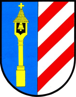 V modro-stříbrně polceném štítě vpravo zlatá zvonička, vlevo tři šikmá červená břevna. Znak Radíkovice