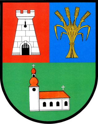 Dělený štít, nahoře červeno-modře polcený. Vpravo stříbrná kvádrovaná kónická věž s cimbuřím, s černou branou s vytaženou stříbrnou mříží a černou klíčovou střílnou. Vlevo zlatá hrst čtyř převázaných obilných klasů. Dole v zeleném poli stříbrný kostel, vpravo s věží s černým kruhovým oknem, červenou bání s lucernou zakončenou stříbrným křížkem, loď se čtyřmi černými obloukovými okny, červenou valbovou střechou zakončenou stříbrným křížkem. Znak Radim