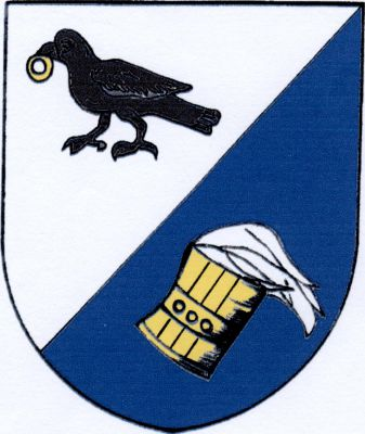 Ve stříbrno-modře šikmo děleném štítě nahoře černý havran se zlatým prstenem v zobáku, dole šikmo zlaté vědro s vytékající stříbrnou vodou. Znak Radkov