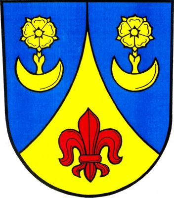 Modrý štít se zlatým vydutým hrotem s červenou lilií, provázeným dvěma růžemi na stoncíh vyrůstajícími ze stoupajících půlměsíců, vše zlaté. Znak Radkov
