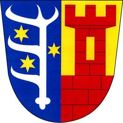 V modro-zlatě polceném štítě vpravo vztyčený stříbrný rovný jelení paroh s pěti výsadami, dvě nahoru, tři doprava, provázený třemi zlatými hvězdami dvě vpravo a jedna vlevo. Vlevo ze zdi vyrůstá věž s cimbuřím a prázdným oknem, obojí červené a kvádrované. Znak Radkov