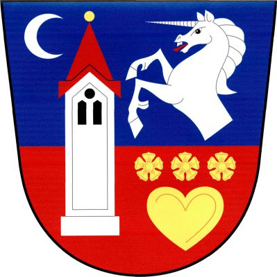 V modro - červeně děleném štítě vpravo stříbrná věž zvonice na soklu se třemi černými okny, kruhovým nad dvěma zahrocenými, a červenou stanovou střechou se zlatou makovicí, provázená nahoře ubývajícím půlměsícem a polovinou jednorožce ve skoku s červeným jazykem, obojí stříbrné, vlevo dole srdce převýšené třemi růžemi vedle sebe, vše zlaté. Znak Radkova Lhota