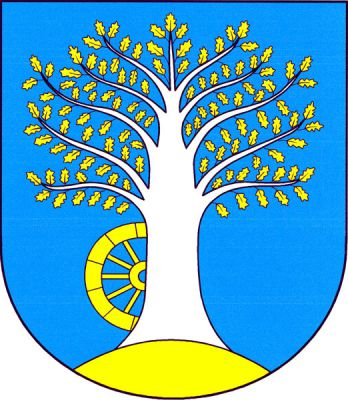 V modrém štítě na zlatém návrší stříbrný dub se zlatými listy, z jehož kmene vyniká vpravo půl zlatého vozového kola. Znak Rádlo