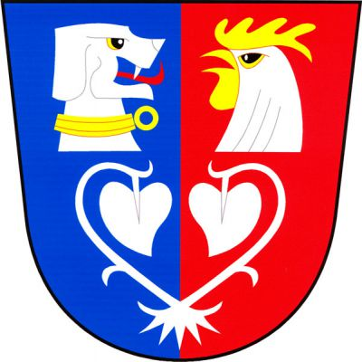 V modro-červeně polceném štítě nahoře hlava psa s červeným jazykem a zlatým obojkem, a hlava kohouta se zlatou zbrojí, obě stříbrné a přivrácené, dole stříbrná vykořeněná lekna. Znak Radošovice