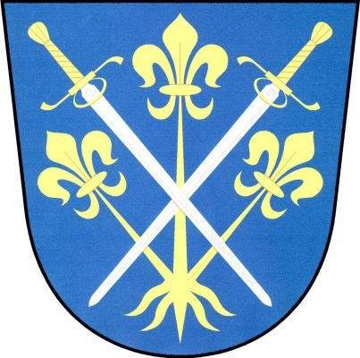 V modrém štítě zkřížené postavené stříbrné kordy se zlatými jílci, podložené třemi zlatými liliemi vějířovitě vyrůstajícími na stoncích ze společného kořene. Znak Radostice