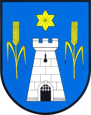 V modrém štítě stříbrná kvádrovaná věž s cimbuřím, černou branou se zdviženou stříbrnou mříží a jednou černou klíčovou střílnou. Věž je převýšená hvězdou a provázená dvěma obilnými klasy, každý se dvěma svěšenými listy, vše zlaté. Znak Radostov